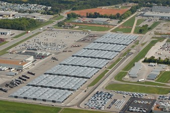 Aerial view of auto assembly plant shade structures