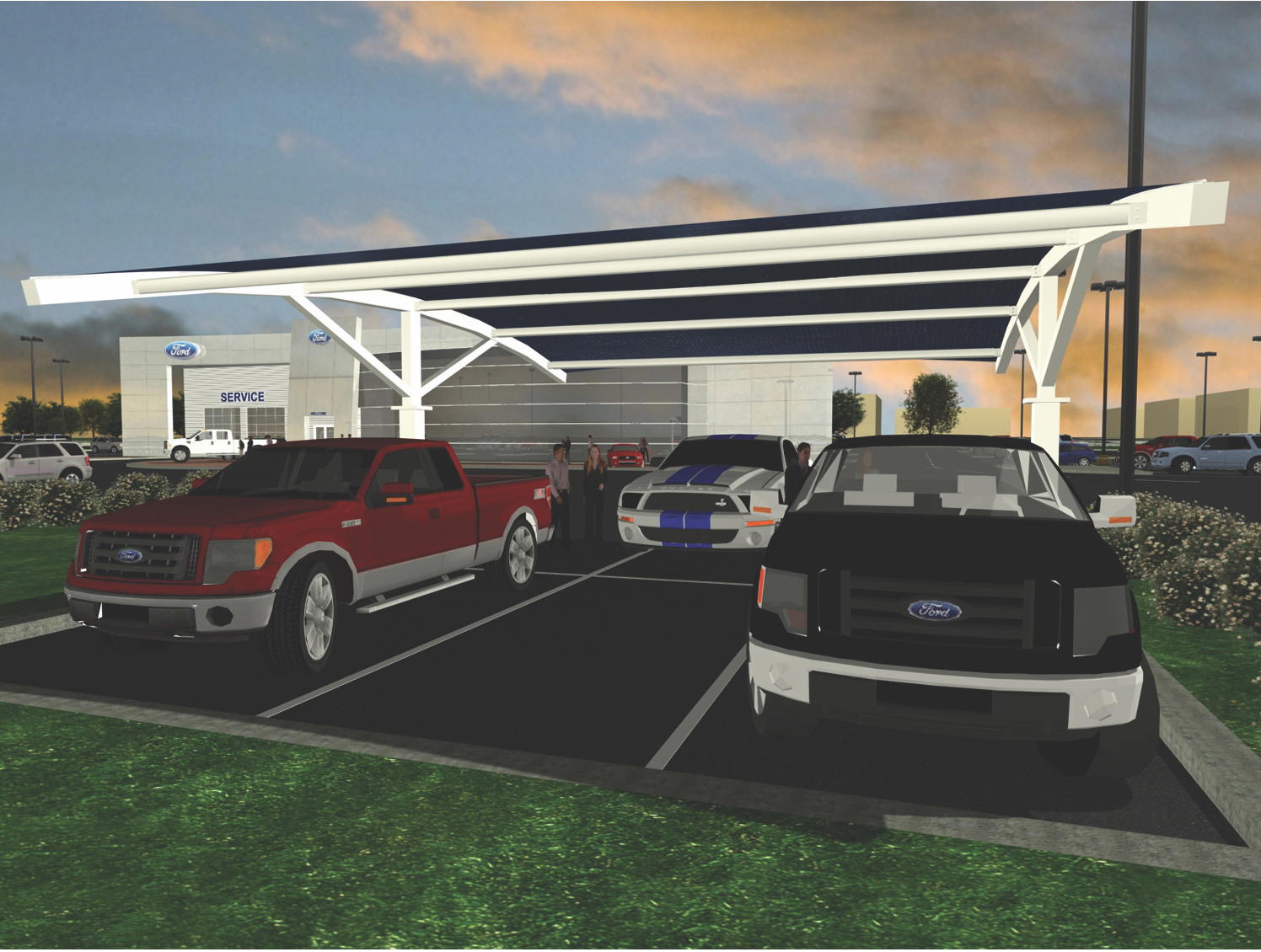 rendering of vehicle shade structure at a car dealership