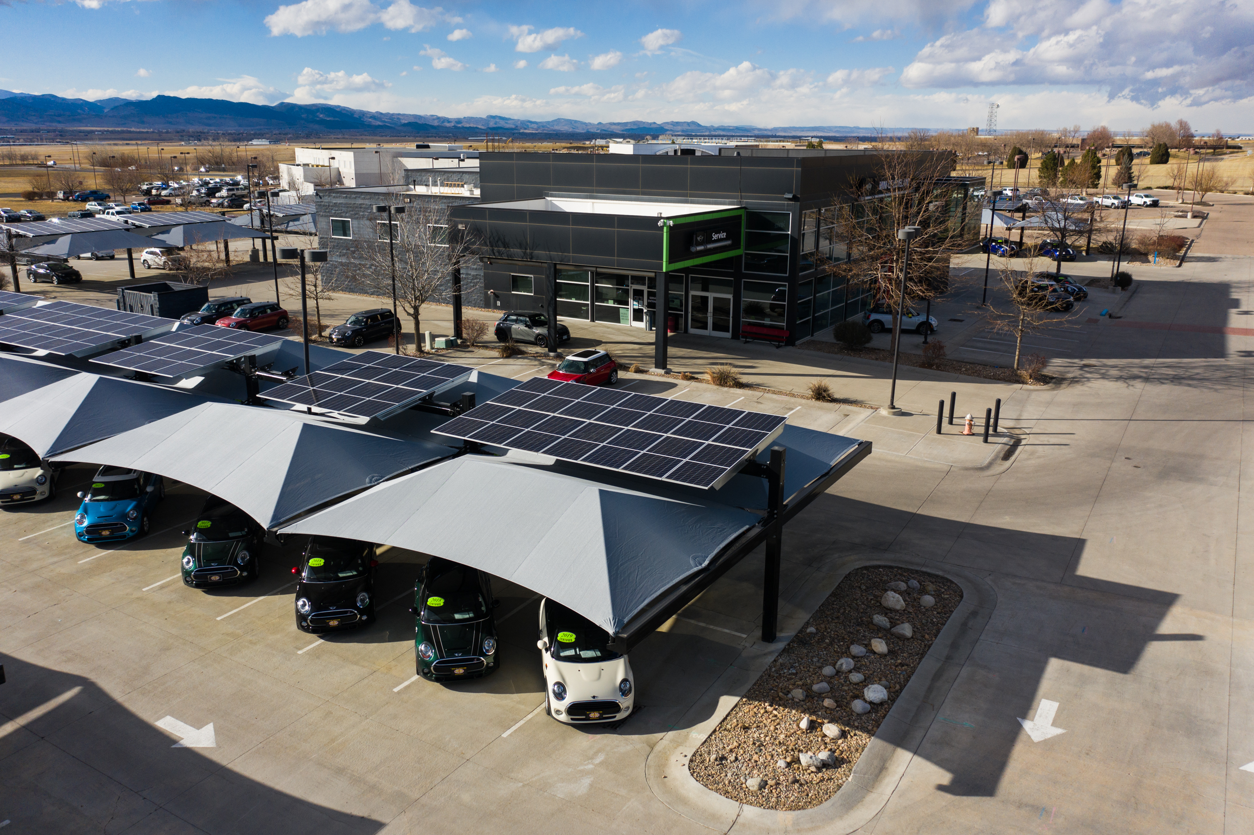 Solar Integrated Hail Protection Structures - BMW and Mini of Loveland