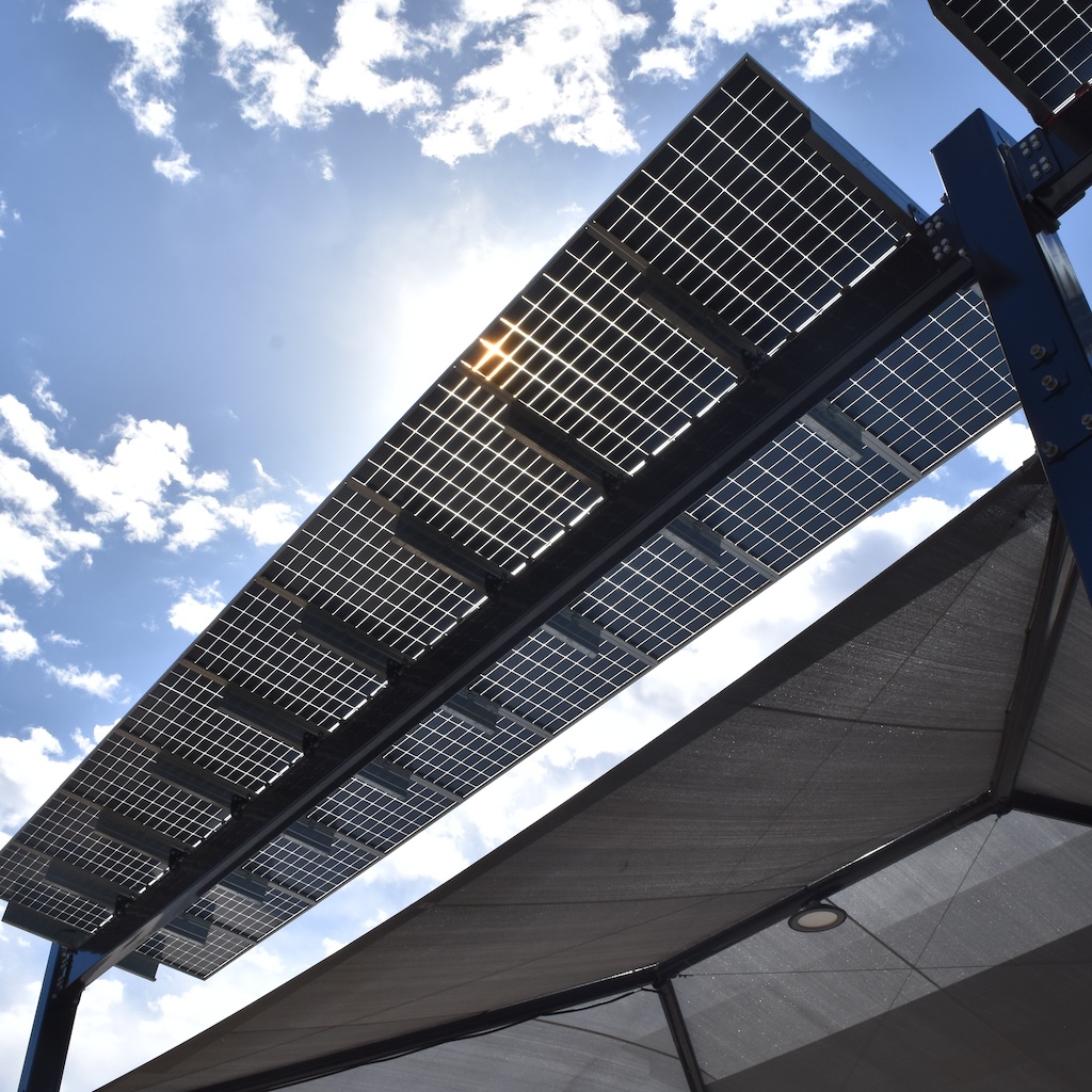 the view looking skyward, protective shade structure alongside solar panels thumbnail