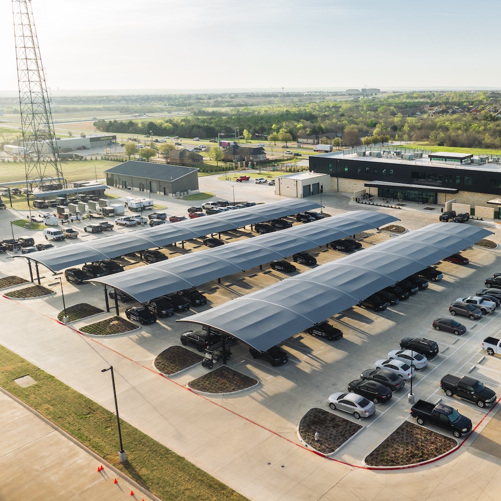Mansfield Police Department, aerial view of parking lot with protective structures for vehicles