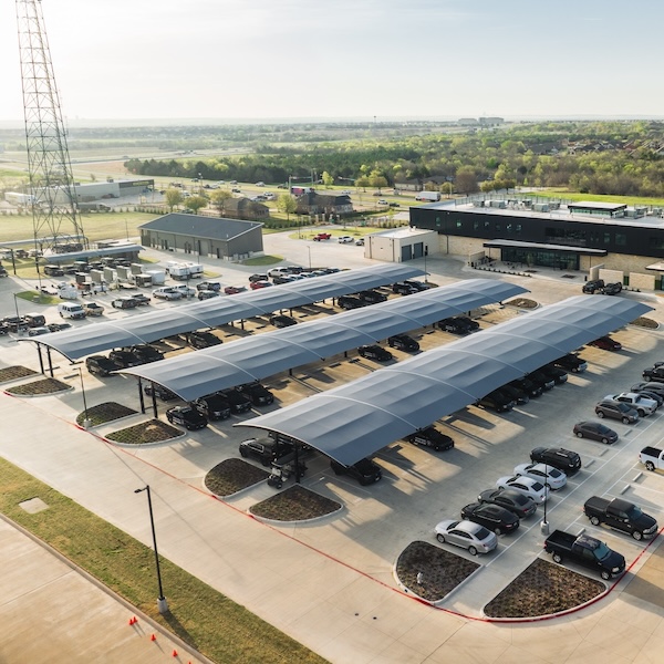 Mansfield Police Department, aerial view of parking lot with protective structures for vehicles