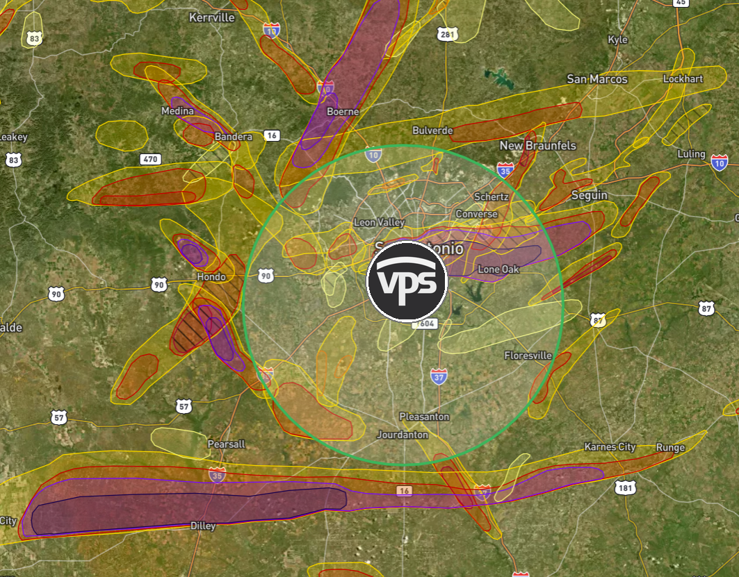 Hail storm track map showing severe weather events across the San Antonio, TX metro area. Multiple hail swaths overlapping the metro area are shown in yellow, orange, red, and purple indicating increasing severity.